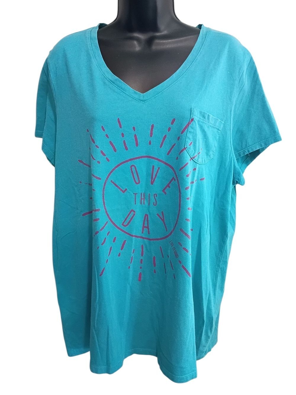 Life is Good Sleep Shirt Large Women’s Teal V-Neck Graphic Tee - Love This Day